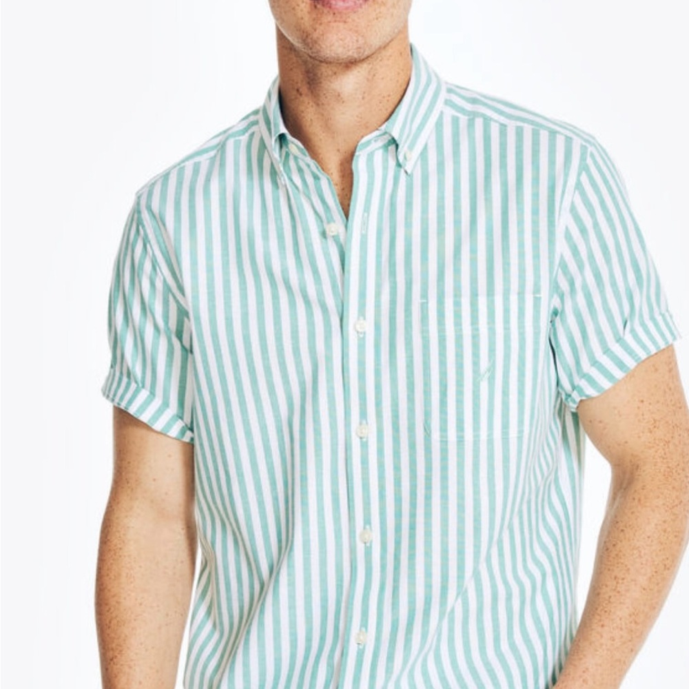 Nautica Green White Casual‎ Button Down Shirt Short Sleeve Size XXL Stretch